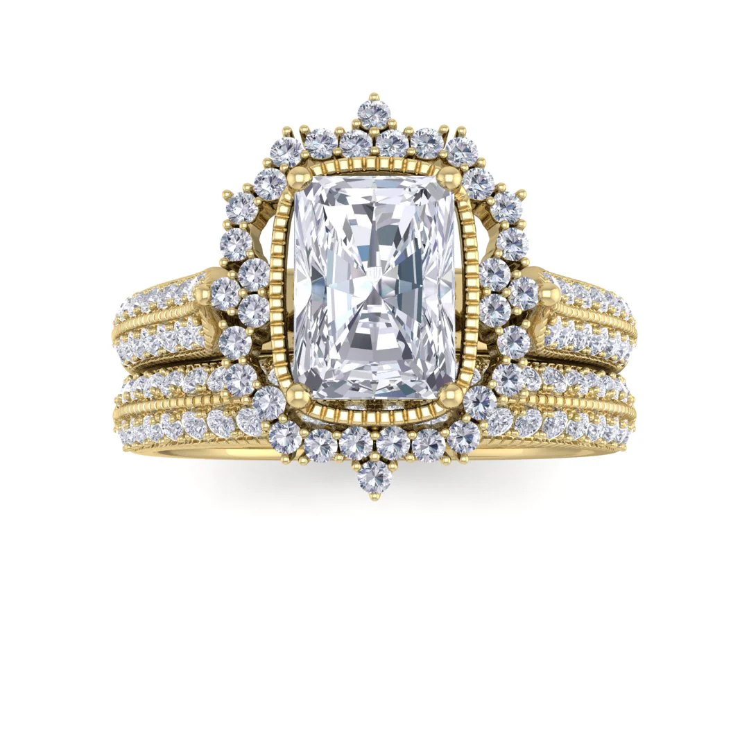 18k Yellow Gold 1.0ct Emerald Cut Lab Diamond Vintage Halo Bridal Set 1.5tdw