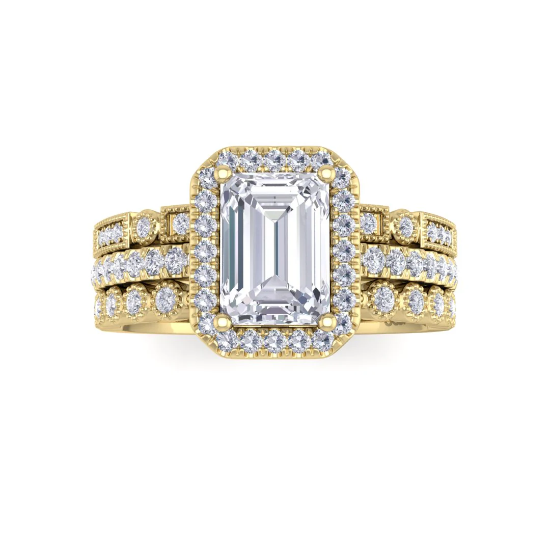 18k Yellow Gold 1.0ct Emerald Cut Moissanite Halo Bridal Set 0.5tdw