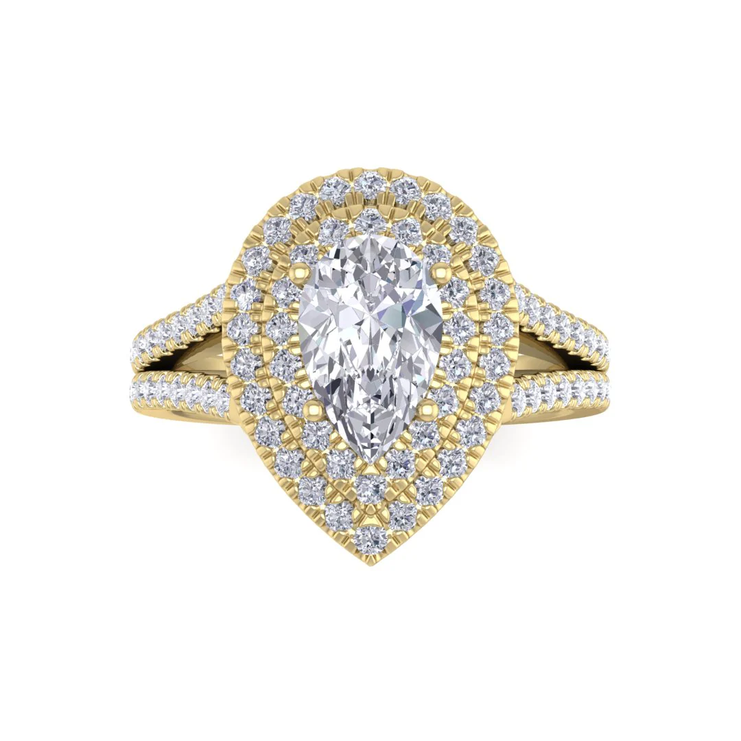 18k Yellow Gold 1.0ct Pear Lab Diamond Double Halo Engagement Ring 1.5tdw