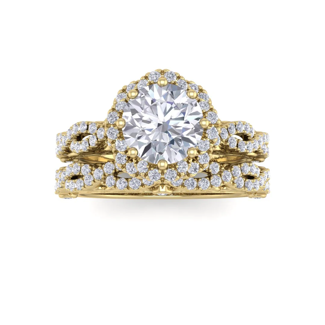 18k Yellow Gold 1.0ct Round Brilliant Diamond Flower Halo Bridal Set 1.5tdw