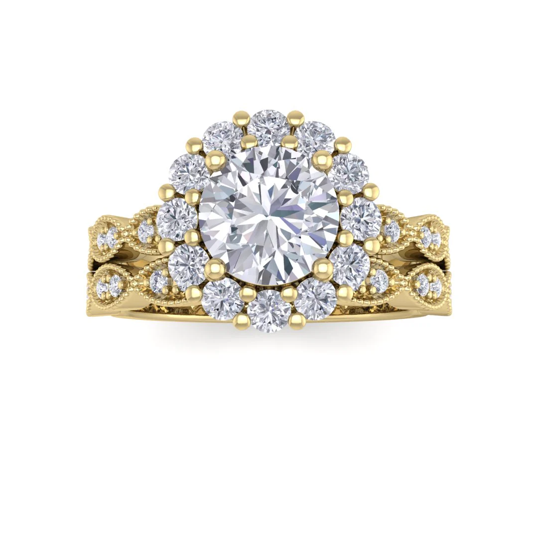 18k Yellow Gold 1.0ct Round Brilliant Lab Diamond Halo Bridal Set 1.55tdw