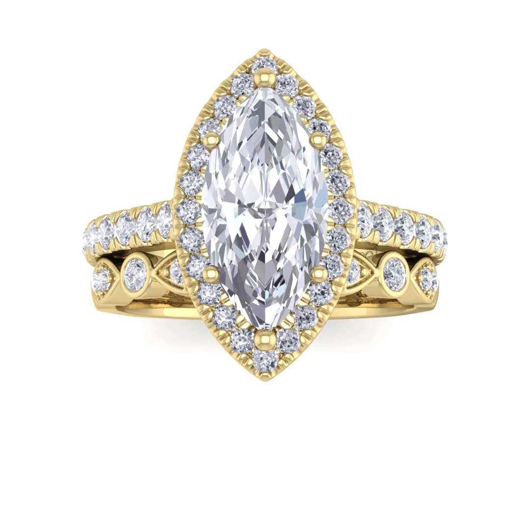 18k Yellow Gold 2.0ct Marquise Moissanite Halo Bridal Set 0.5tdw