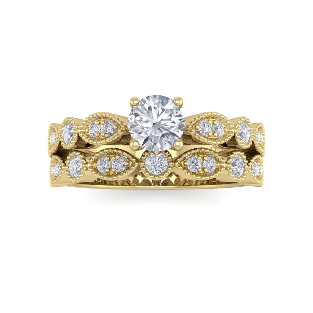 18K Yellow Gold Round Brilliant Diamond Milgrain Bridal Set 0.58tdw