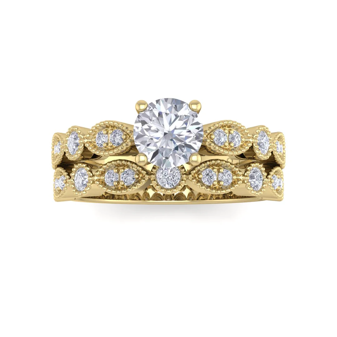 18K Yellow Gold Round Brilliant Diamond Milgrain Bridal Set 0.75tdw