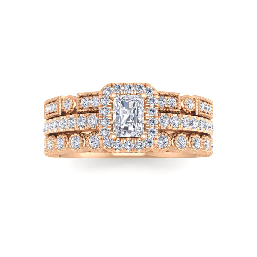 9k Rose Gold 0.33ct Emerald Cut Moissanite Halo Bridal Set 0.5tdw
