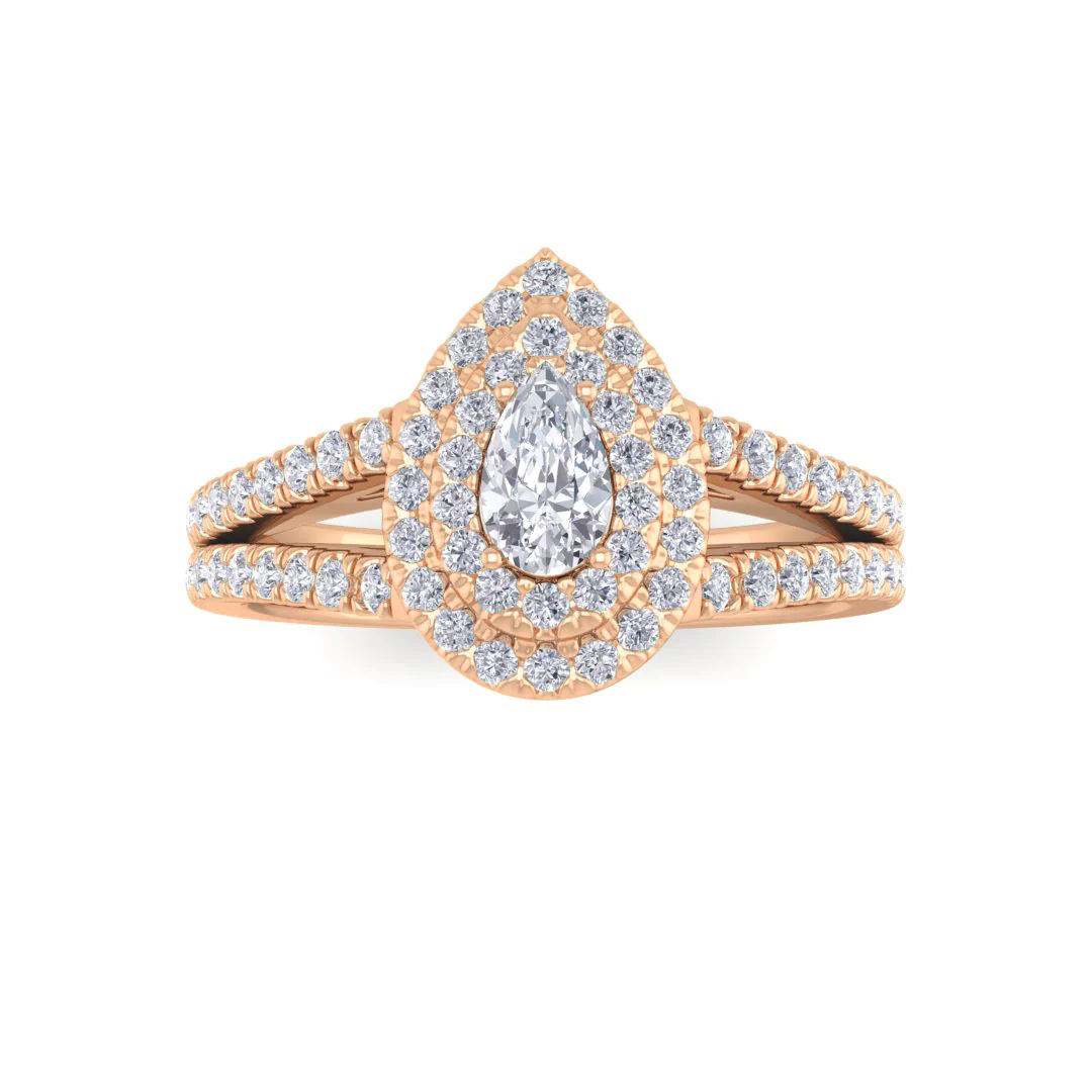 9k Rose Gold 0.33ct Pear Moissanite Double Halo Engagement Ring 0.5tdw