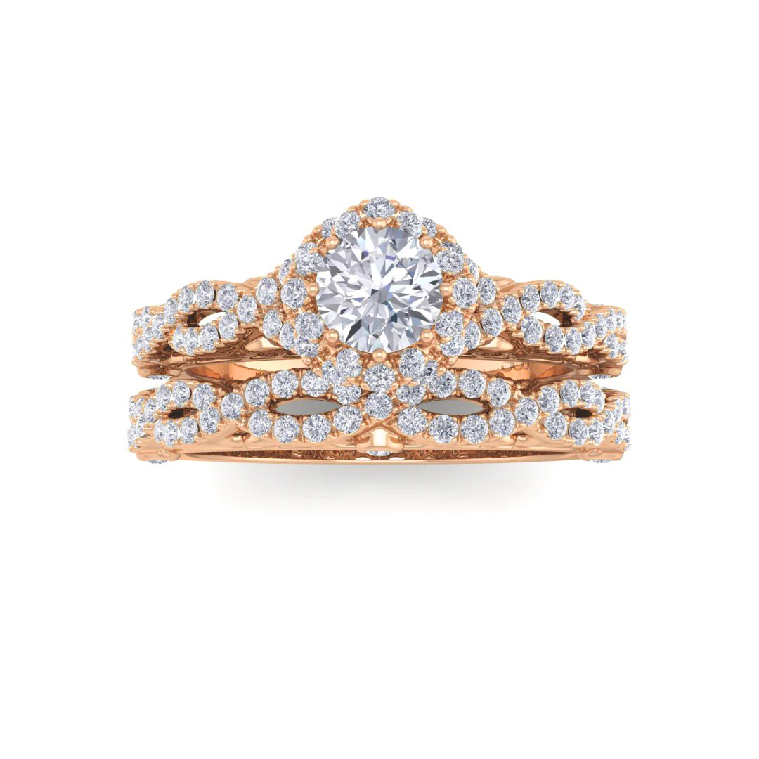 9k Rose Gold 0.33ct Round Brilliant Lab Diamond Flower Halo Bridal Set 0.83tdw