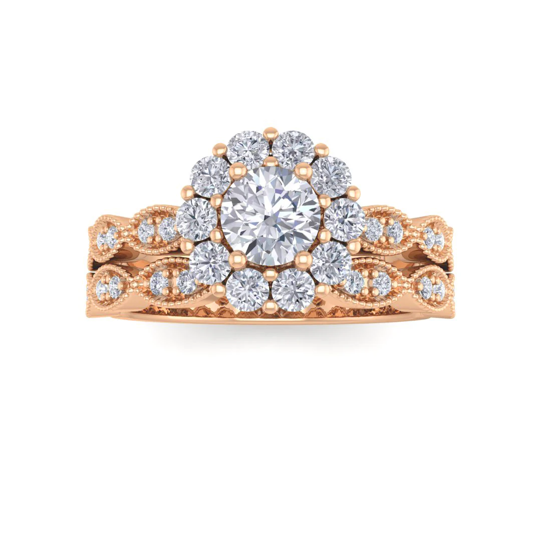 9k Rose Gold 0.33ct Round Brilliant Moissanite Halo Bridal Set 0.55tdw