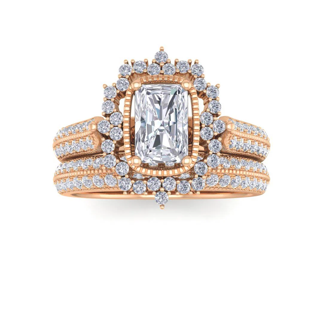 9k Rose Gold 0.5ct Emerald Cut Diamond Vintage Halo Bridal Set 1.0tdw