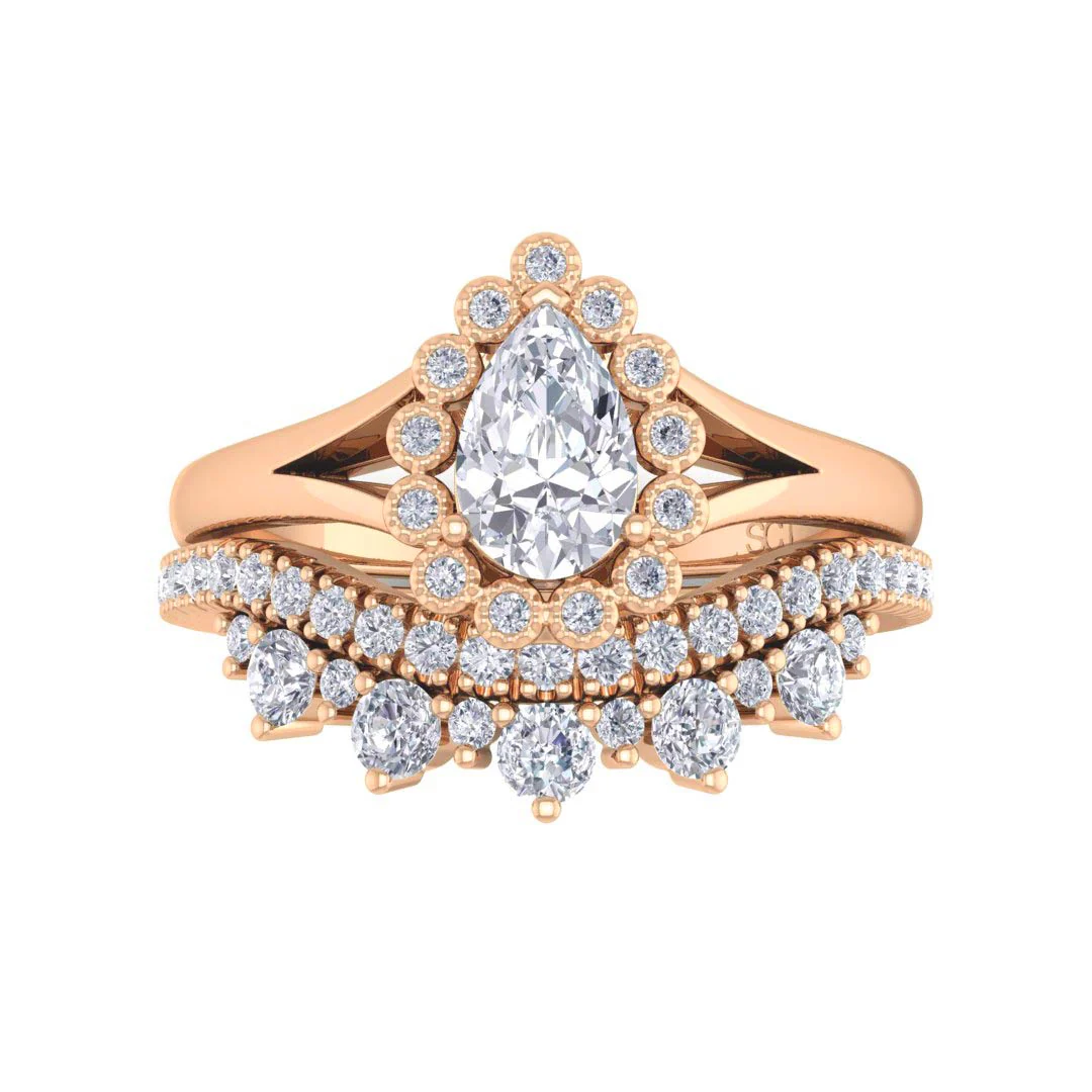 9k Rose Gold 0.5ct Pear Lab Diamond Halo Tiara Bridal Set 0.9tdw