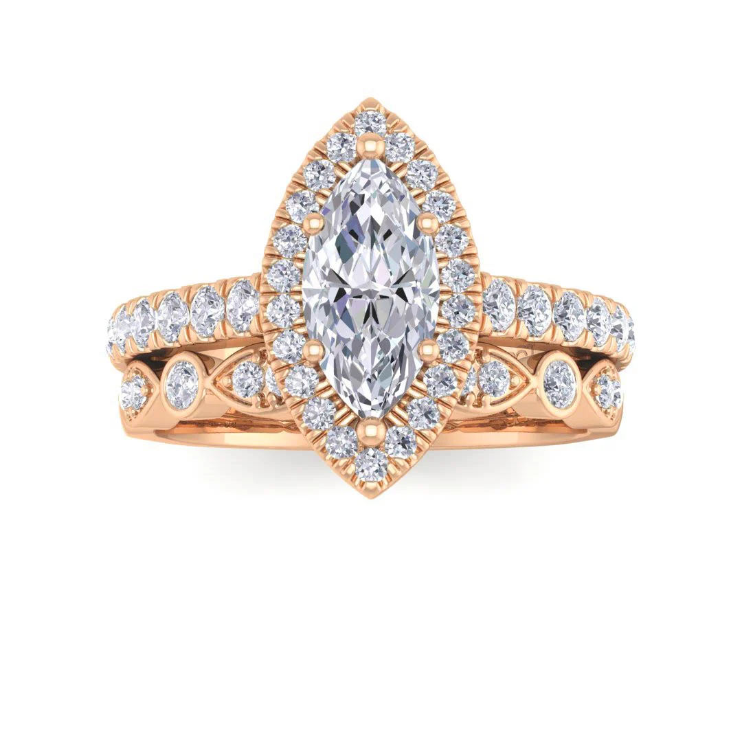 9k Rose Gold 0.75ct Marquise Diamond Halo Bridal Set 1.25tdw