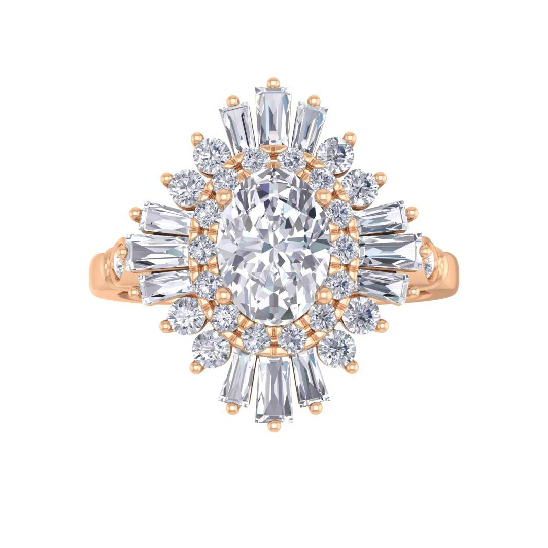 9k Rose Gold 0.75ct Oval Moissanite Baguette Starburst Engagement Ring 0.5tdw