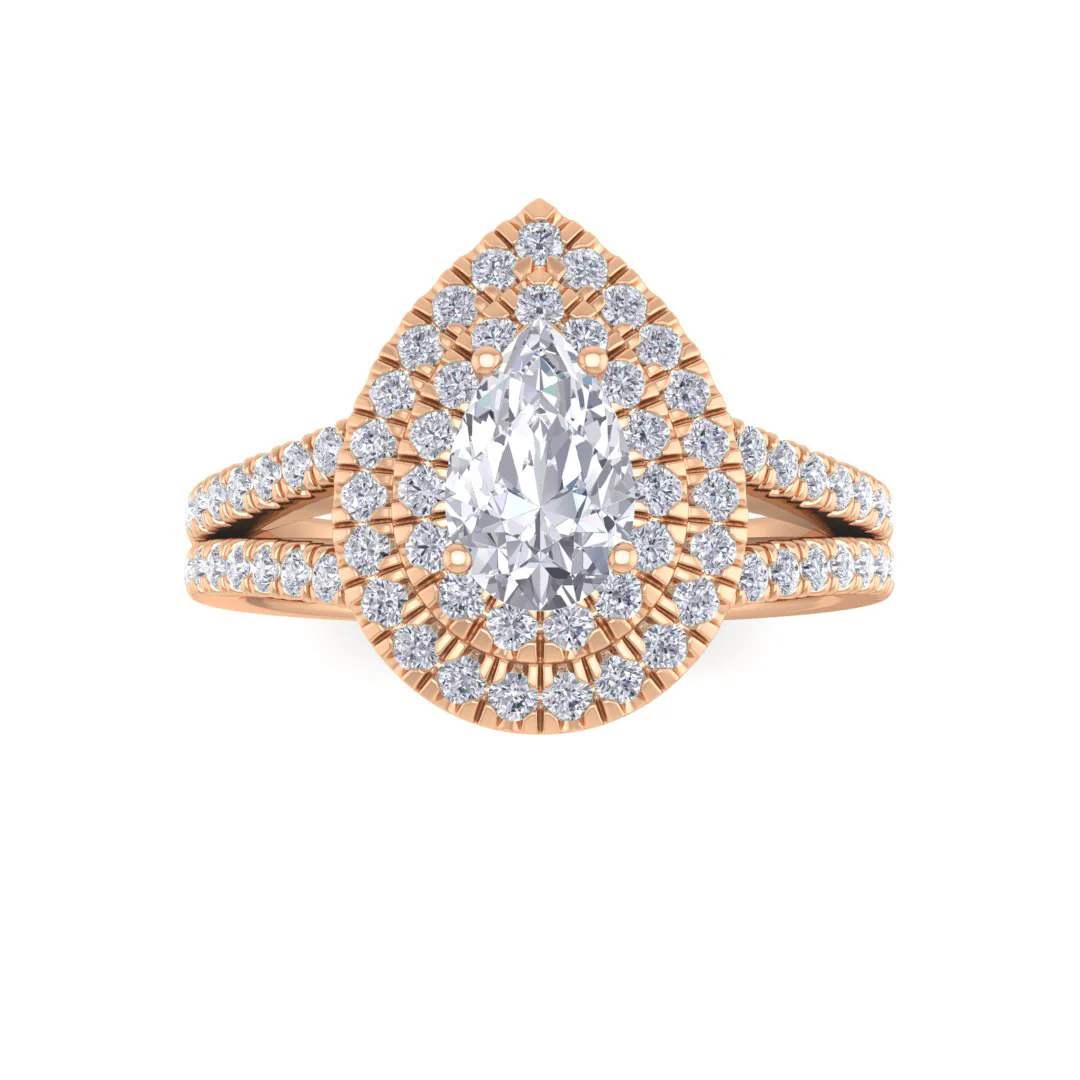 9k Rose Gold 0.75ct Pear Lab Diamond Double Halo Engagement Ring 1.25tdw