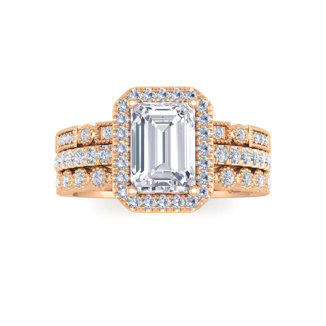 9k Rose Gold 1.0ct Emerald Cut Moissanite Halo Bridal Set 0.5tdw