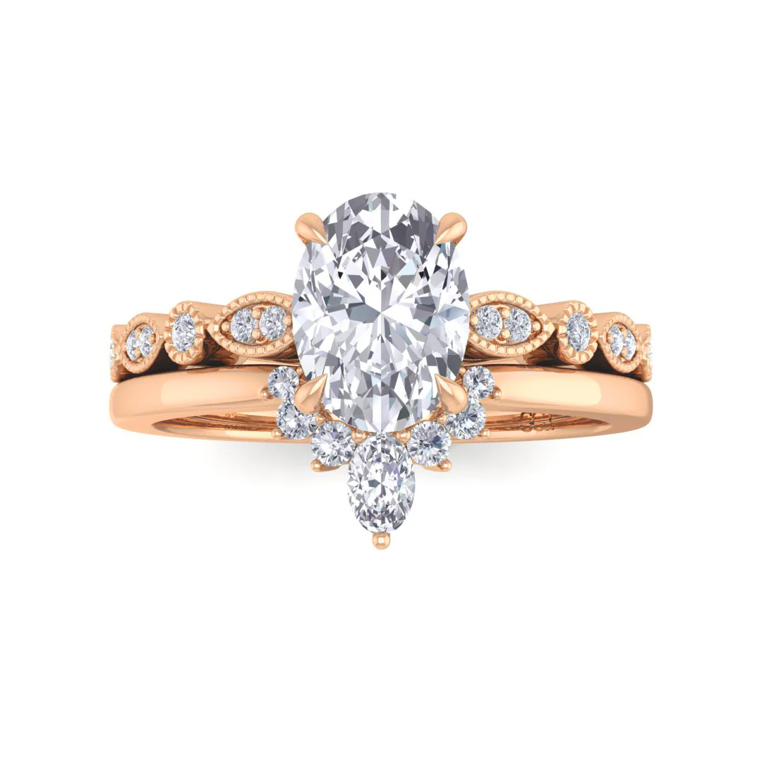 9k Rose Gold 1.0ct Oval Lab Diamond Tiara Bridal Set 1.17tdw