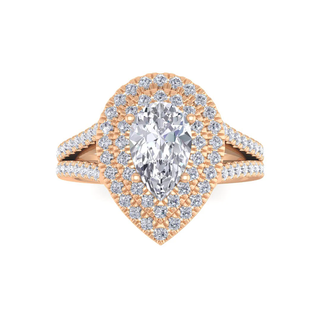 9k Rose Gold 1.0ct Pear Moissanite Double Halo Engagement Ring 0.5tdw