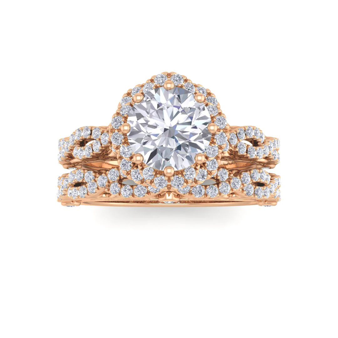 9k Rose Gold 1.0ct Round Brilliant Diamond Flower Halo Bridal Set 1.5tdw
