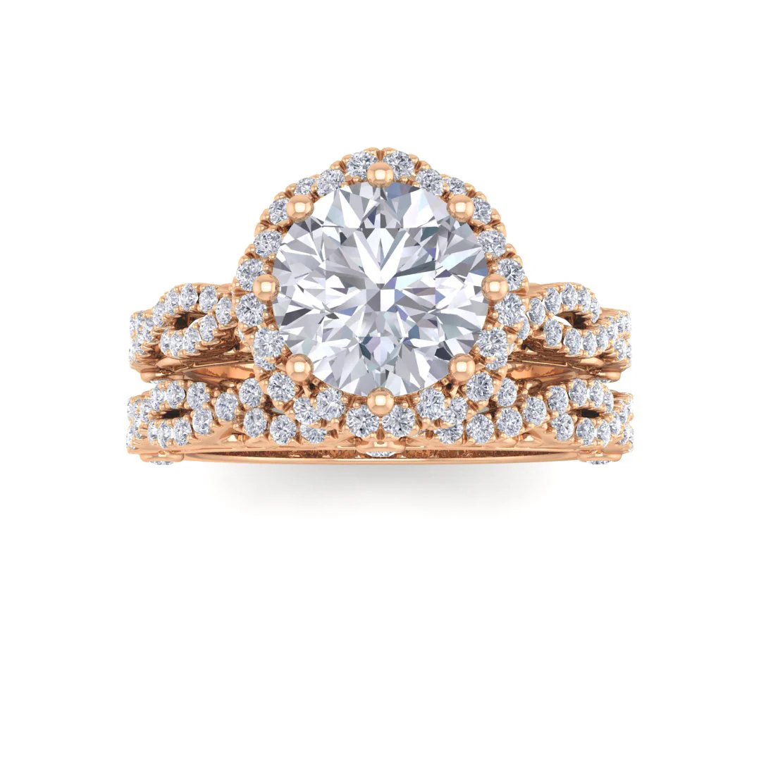 9k Rose Gold 1.5ct Round Brilliant Lab Diamond Flower Halo Bridal Set 2.0tdw