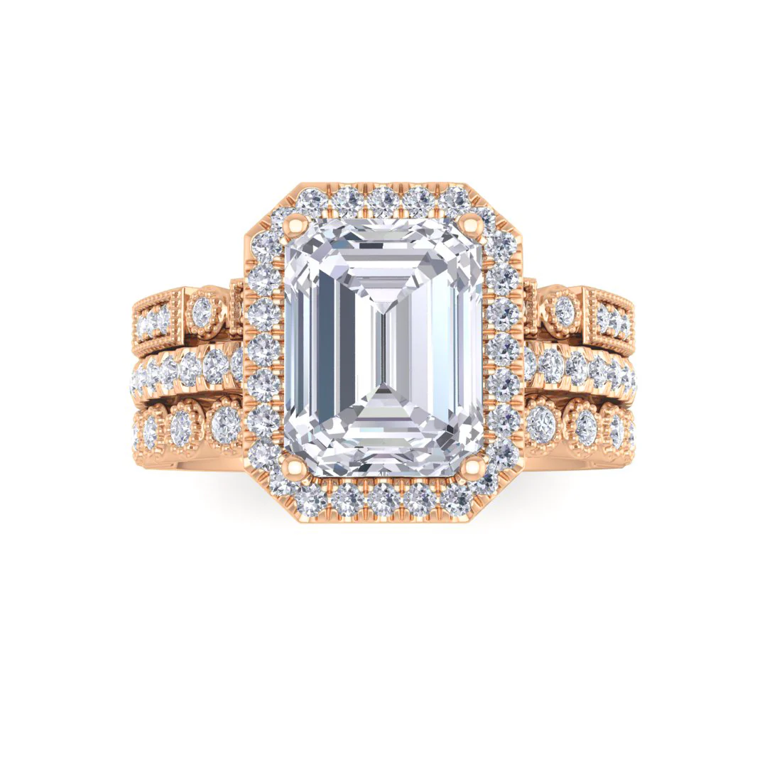 9k Rose Gold 2.0ct Emerald Cut Lab Diamond Halo Bridal Set 2.5tdw