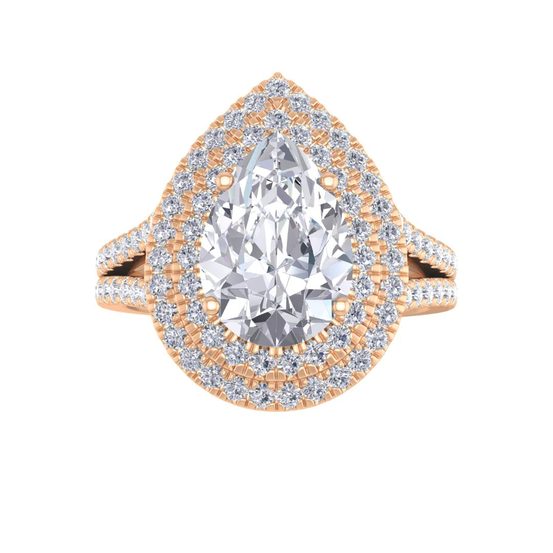 9k Rose Gold 2.0ct Pear Diamond Double Halo Engagement Ring 2.5tdw