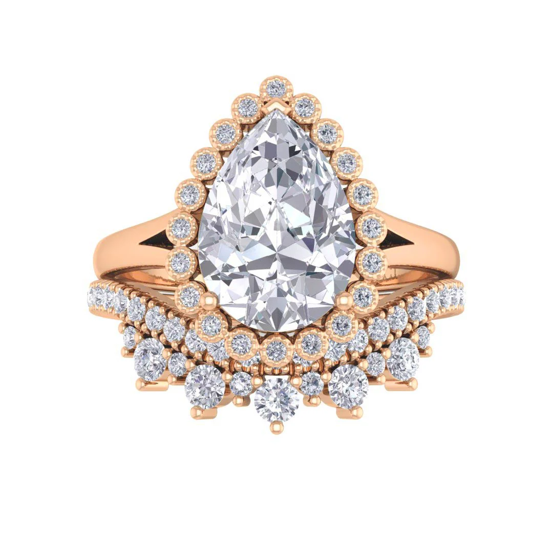 9k Rose Gold 2.0ct Pear Diamond Halo Tiara Bridal Set 2.4tdw