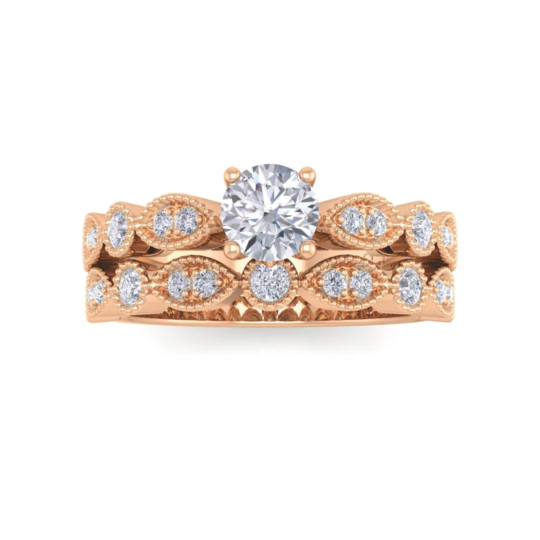 9K Rose Gold Round Brilliant Lab Diamond Milgrain Bridal Set 0.58tdw