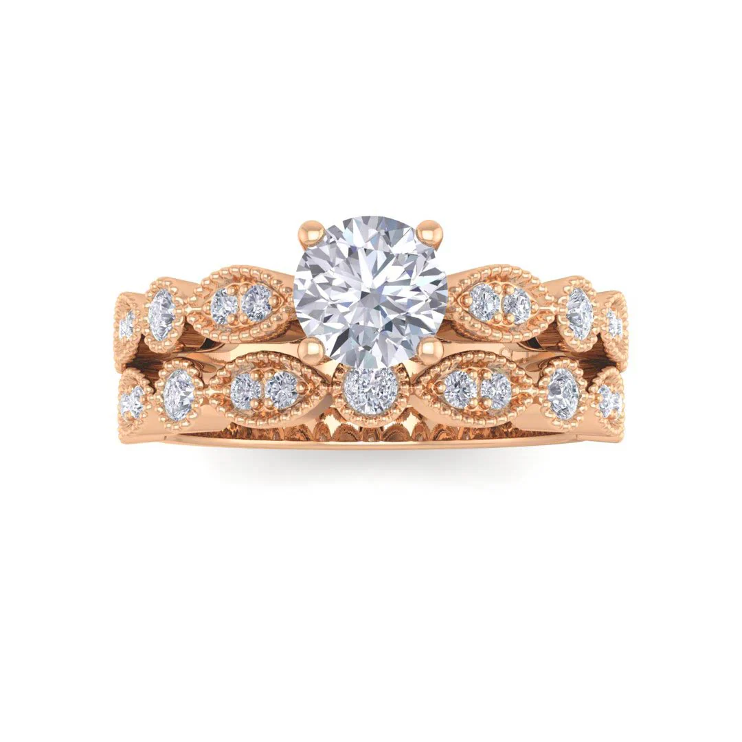 9K Rose Gold Round Brilliant Lab Diamond Milgrain Bridal Set 0.75tdw