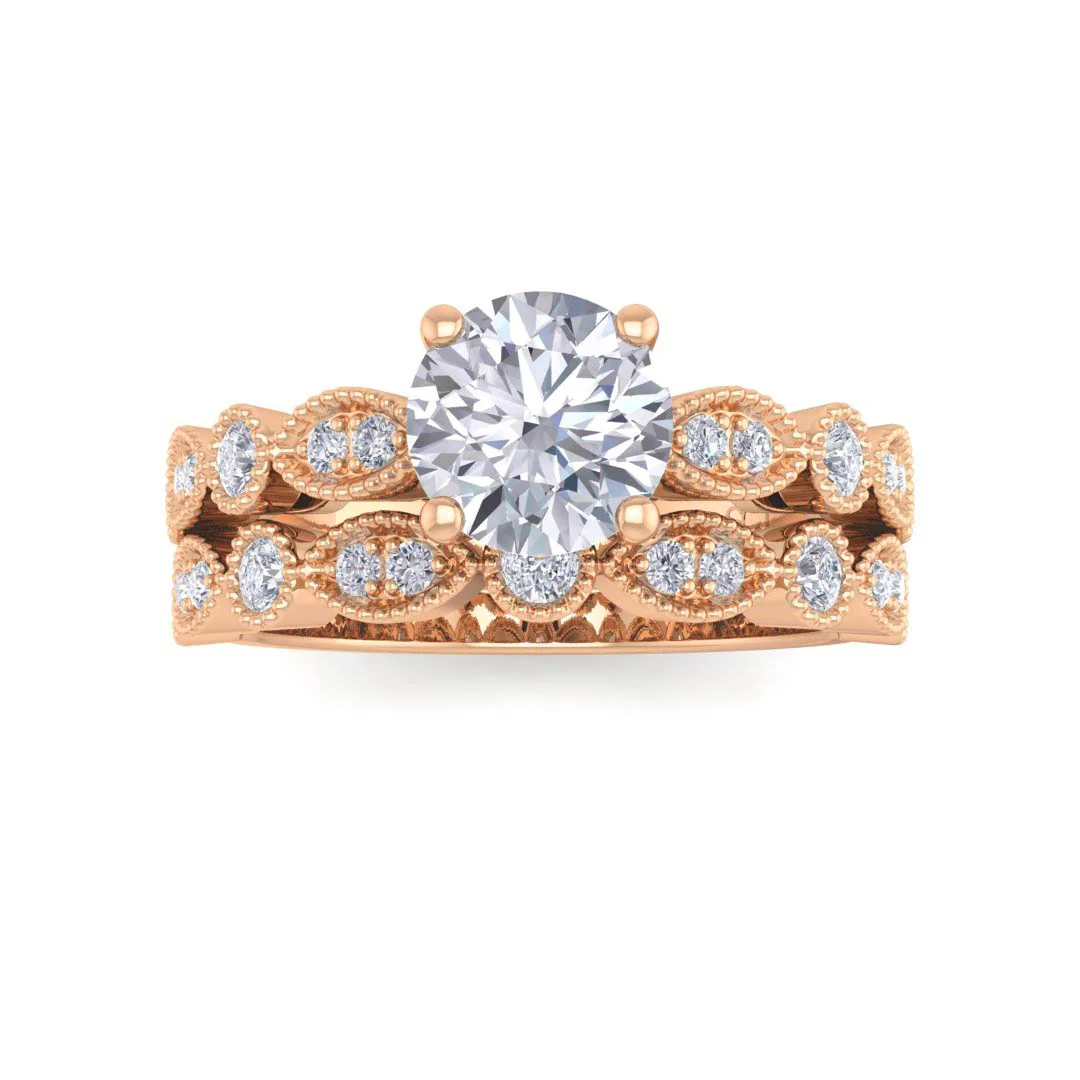 9K Rose Gold Round Brilliant Moissanite and Diamond Milgrain Bridal Set 0.25tdw 0.75ct Moissanite