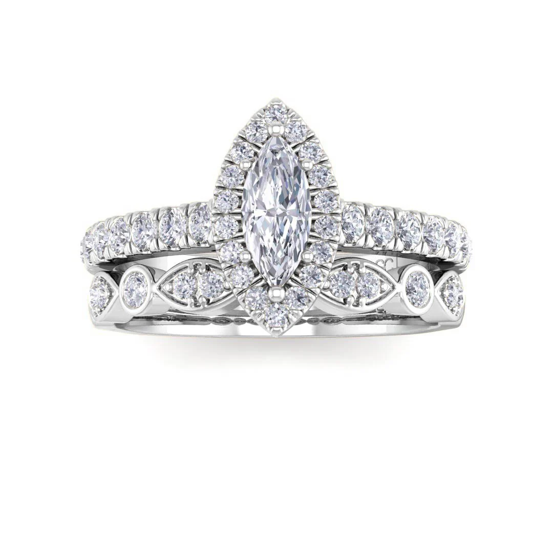 9k White Gold 0.33ct Marquise Moissanite Halo Bridal Set 0.5tdw