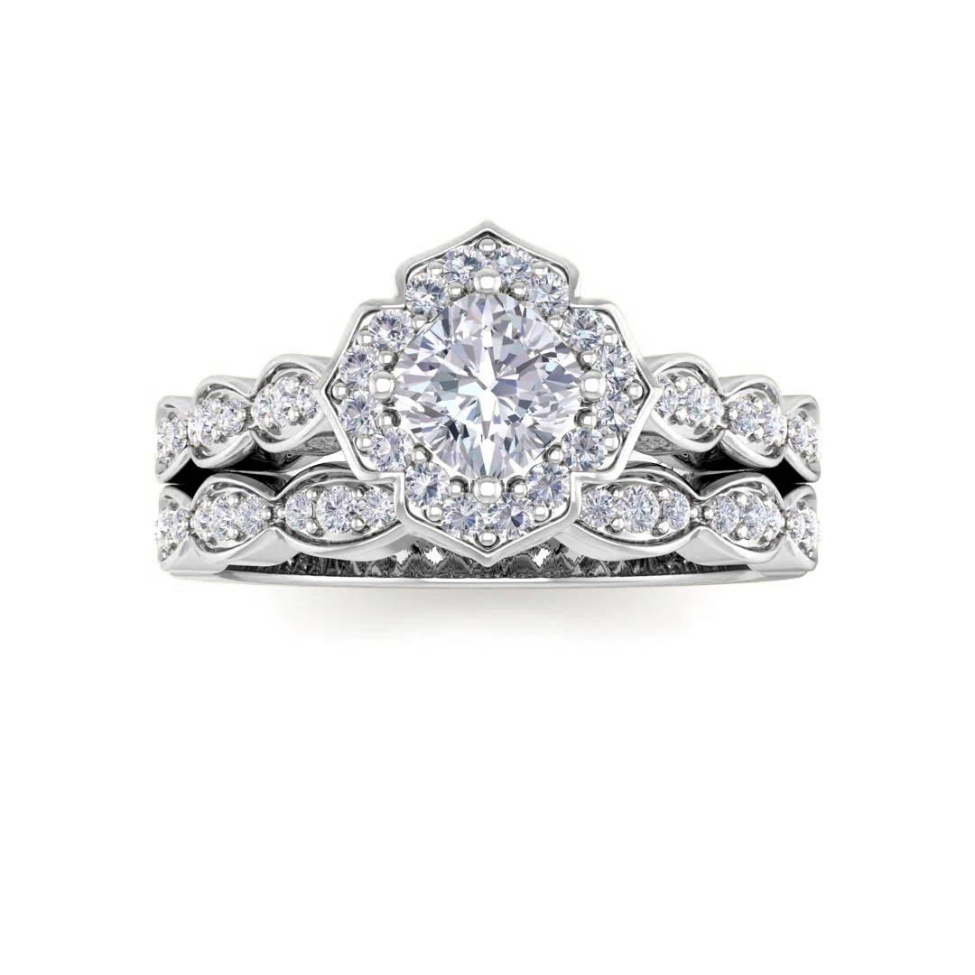 9k White Gold 0.5ct Cushion Cut Diamond Halo Vintage Inspired Bridal Set 0.8tdw