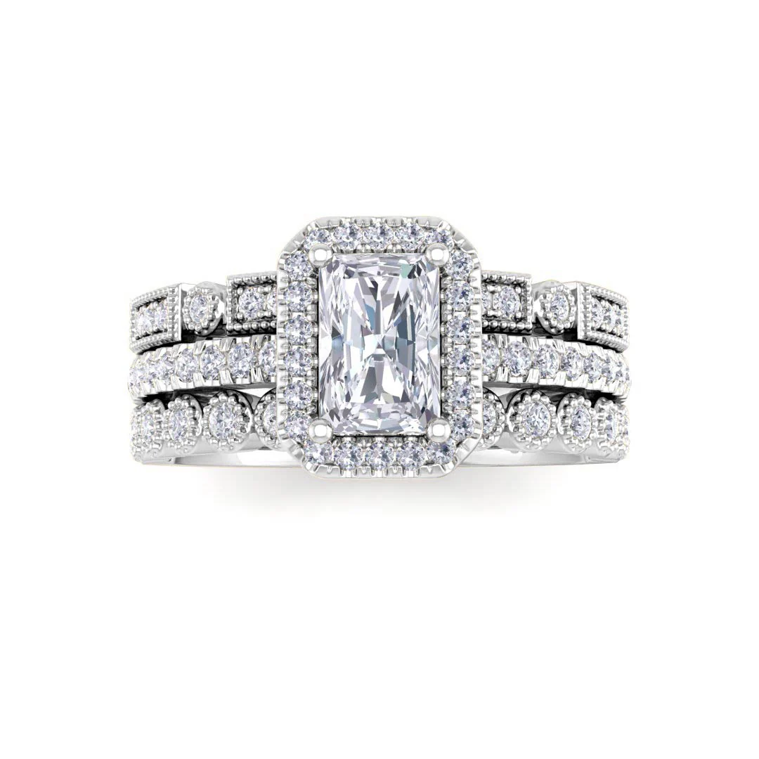 9k White Gold 0.5ct Emerald Cut Diamond Halo Bridal Set 1.0tdw
