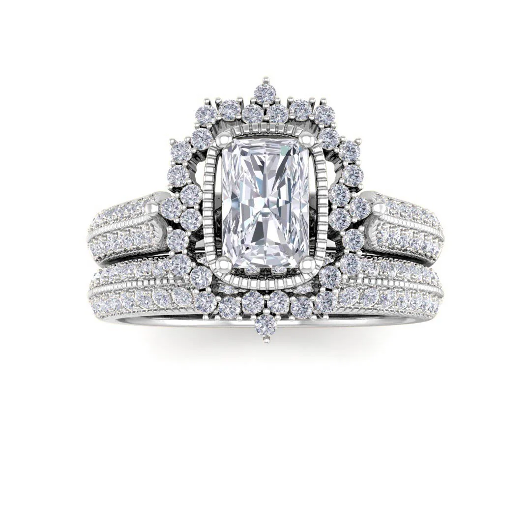 9k White Gold 0.5ct Emerald Cut Diamond Vintage Halo Bridal Set 1.0tdw