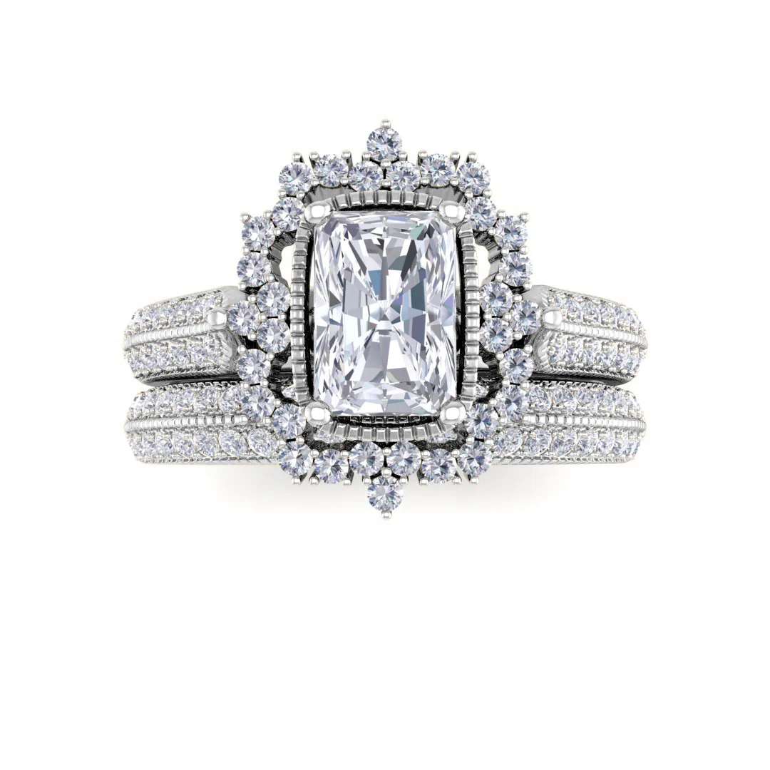 9k White Gold 0.75ct Emerald Cut Lab Diamond Vintage Halo Bridal Set 1.25tdw
