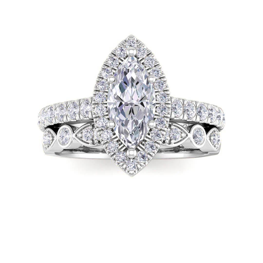 9k White Gold 0.75ct Marquise Lab Diamond Halo Bridal Set 1.25tdw
