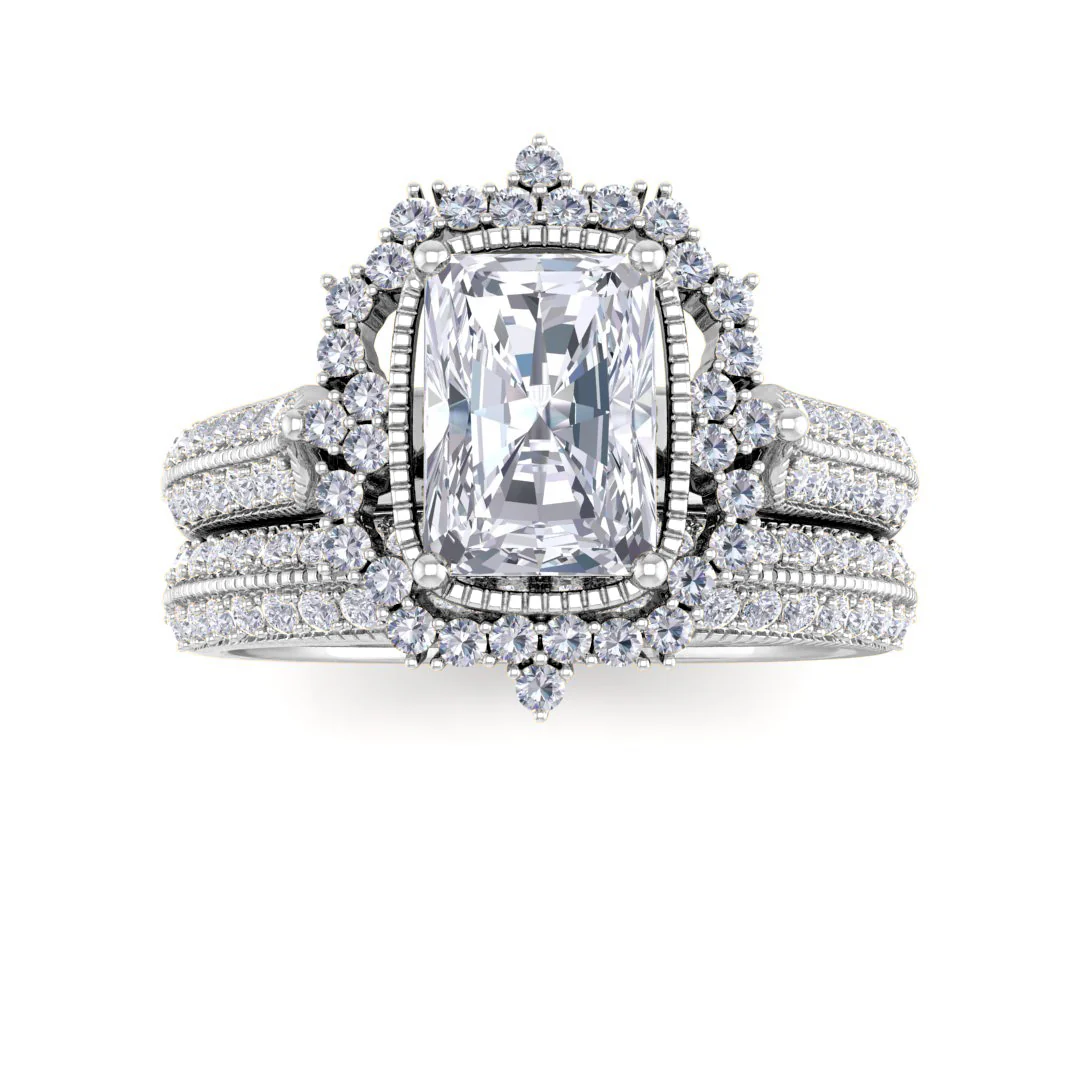 9k White Gold 1.0ct Emerald Cut Lab Diamond Vintage Halo Bridal Set 1.5tdw