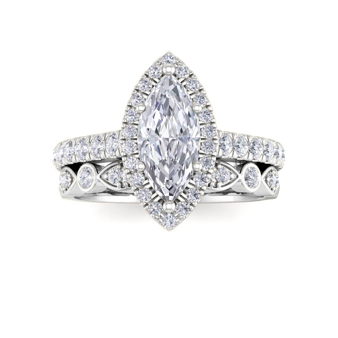 9k White Gold 1.0ct Marquise Lab Diamond Halo Bridal Set 1.5tdw