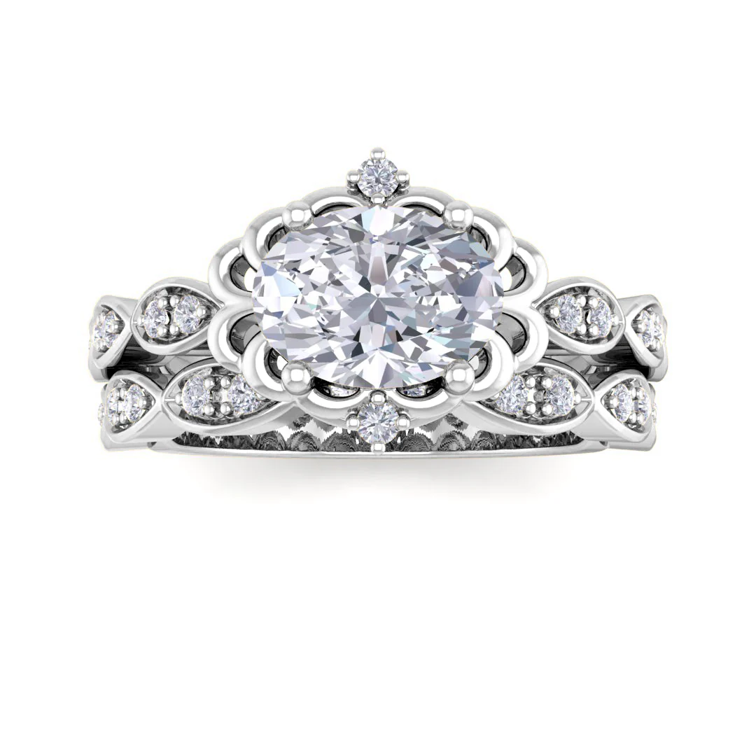 9k White Gold 1.0ct Oval Moissanite Filigree Halo Bridal Set 0.2tdw