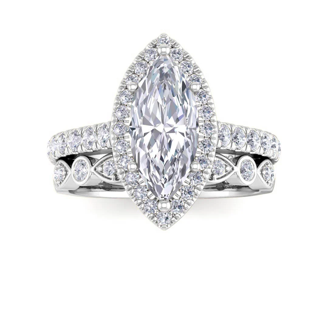 9k White Gold 1.5ct Marquise Lab Diamond Halo Bridal Set 2.0tdw