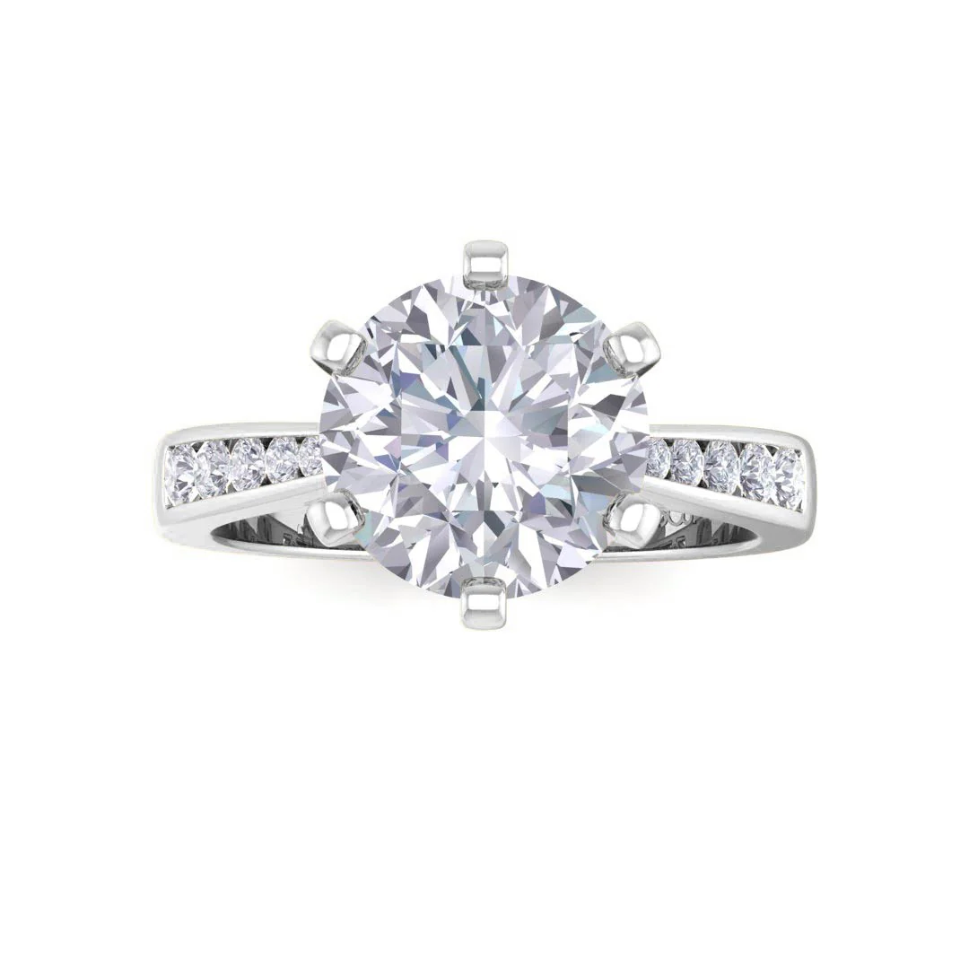9k White Gold 2.0ct Round Brilliant Moissanite Solitaire With Channel Shoulders Engagement Ring 0.2tdw