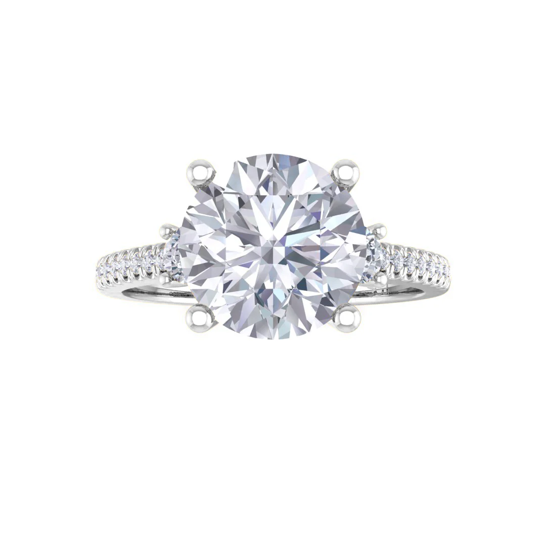 9k White Gold 2.0ct Round Brilliant Moissanite Trilogy Shoulders Engagement Ring 0.3tdw
