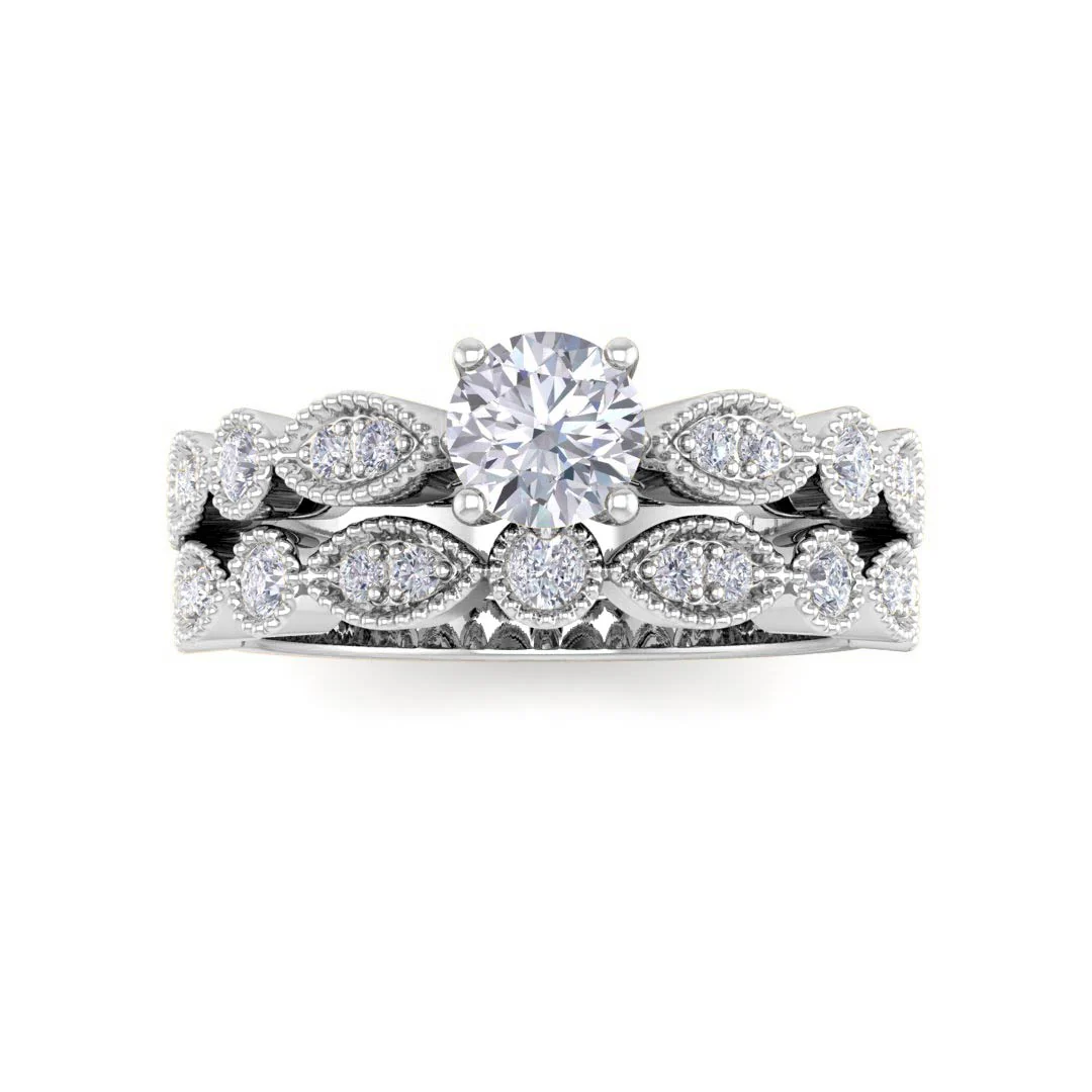 9K White Gold Round Brilliant Diamond Milgrain Bridal Set 0.58tdw