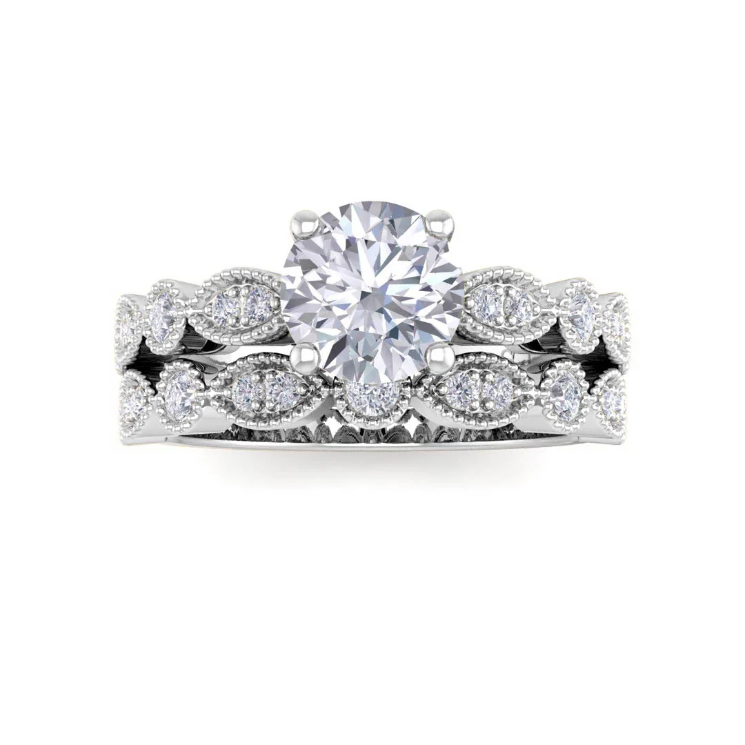 9K White Gold Round Brilliant Diamond Milgrain Bridal Set 1tdw