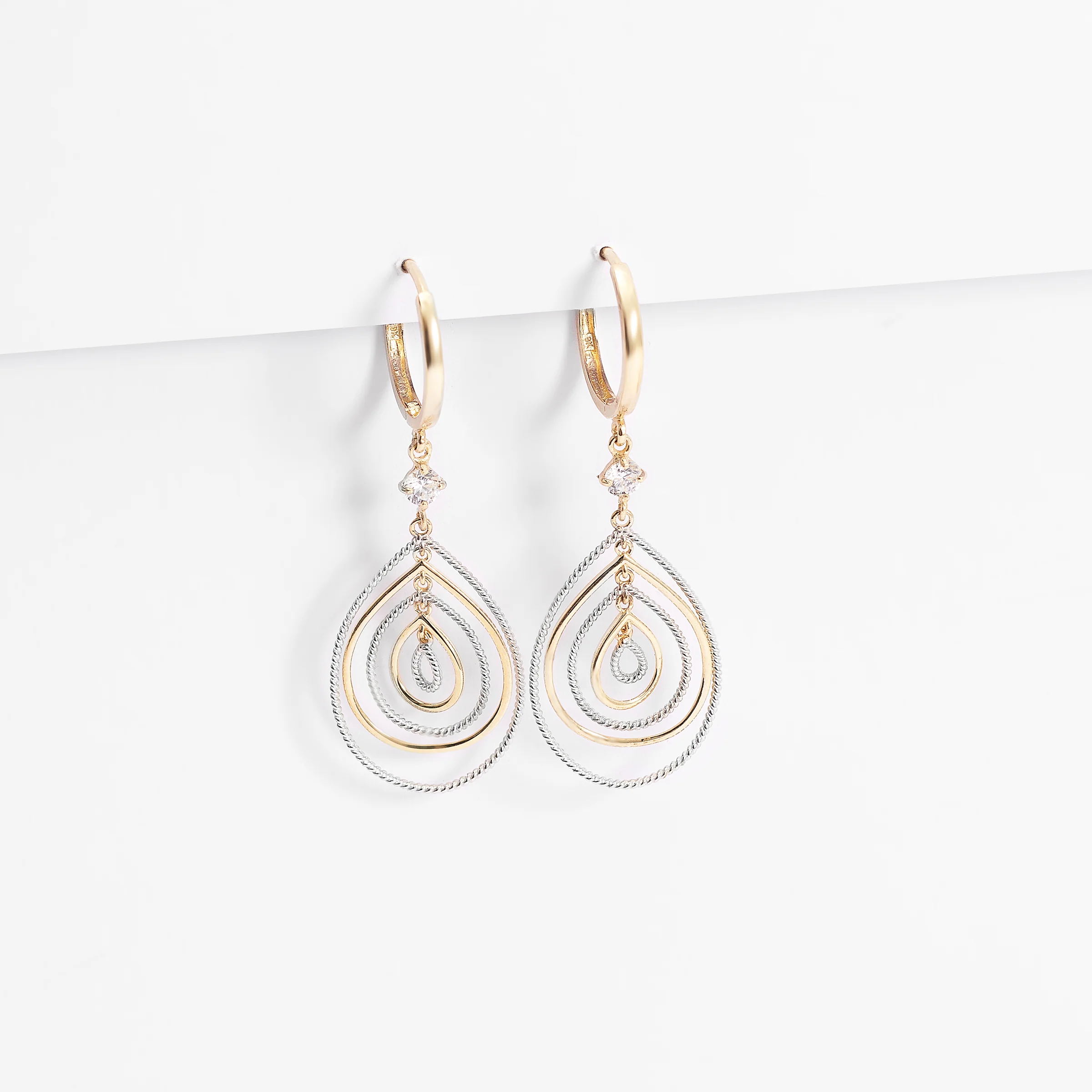 9K Yellow and White Gold Zirconia Teardrop Huggie Earrings