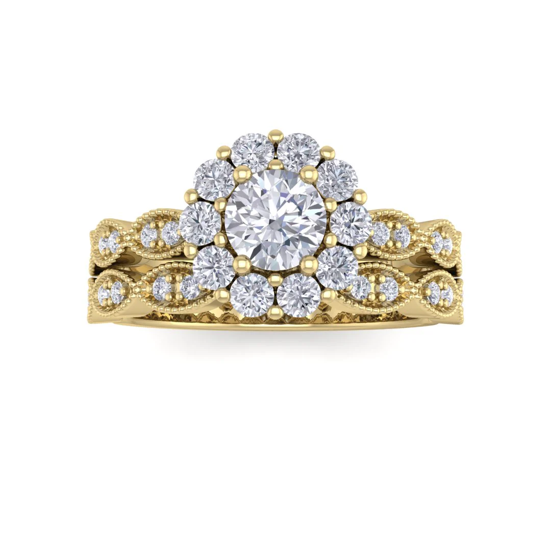 9k Yellow Gold 0.33ct Round Brilliant Lab Diamond Halo Bridal Set 0.88tdw