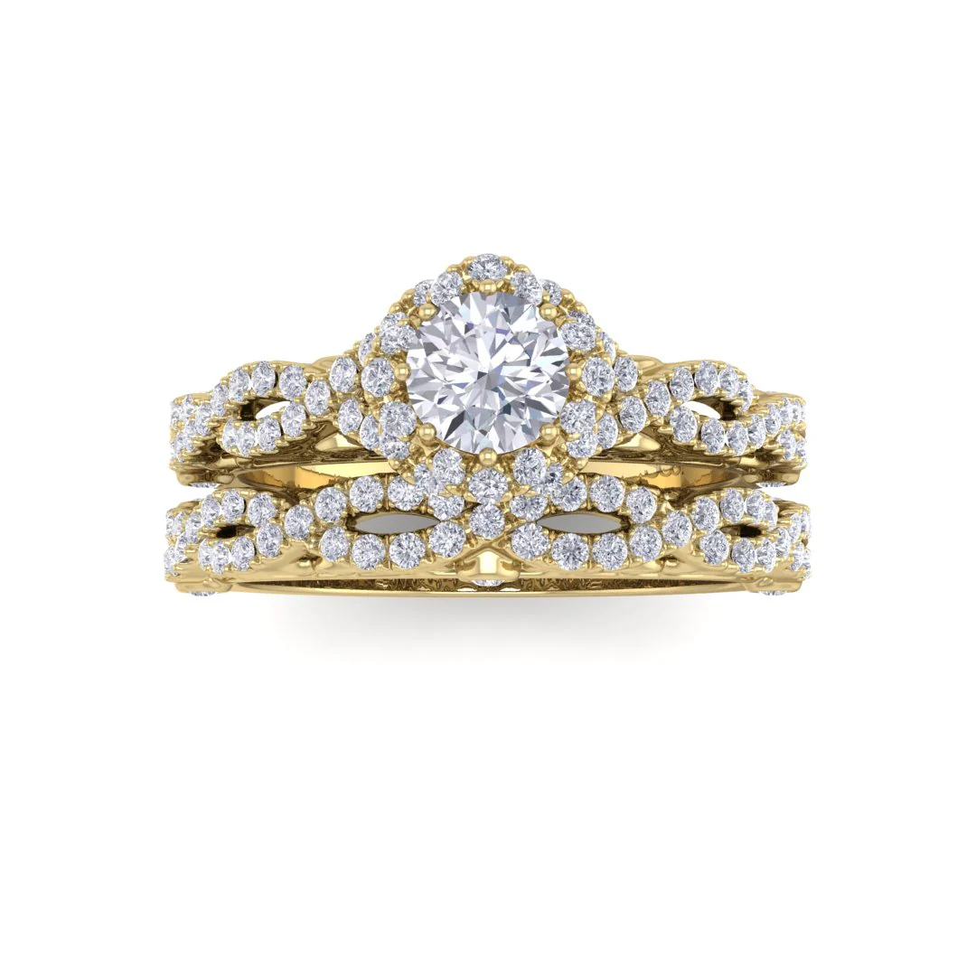 9k Yellow Gold 0.33ct Round Brilliant Moissanite Flower Halo Bridal Set 0.5tdw