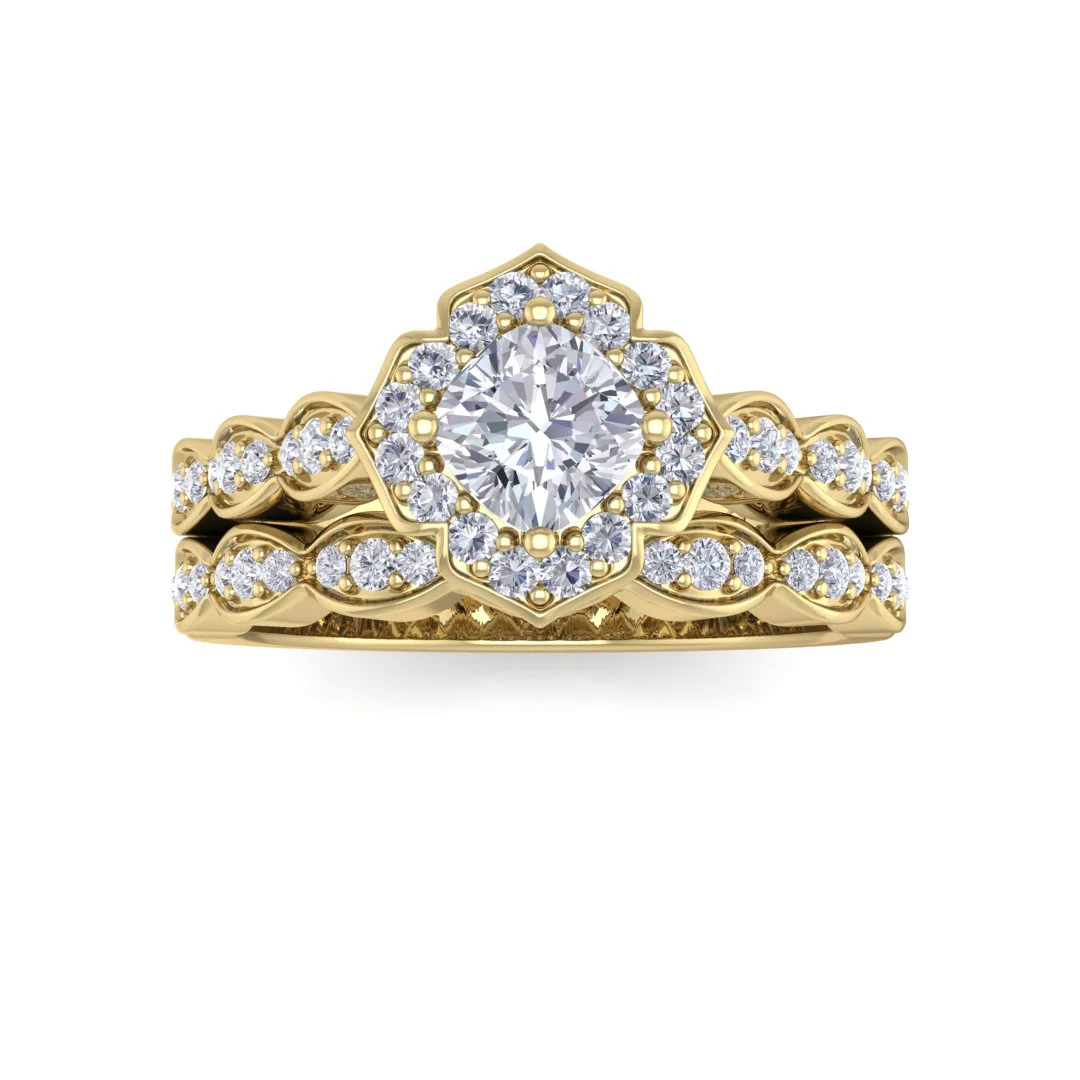 9k Yellow Gold 0.5ct Cushion Cut Moissanite Halo Vintage Inspired Bridal Set 0.3tdw