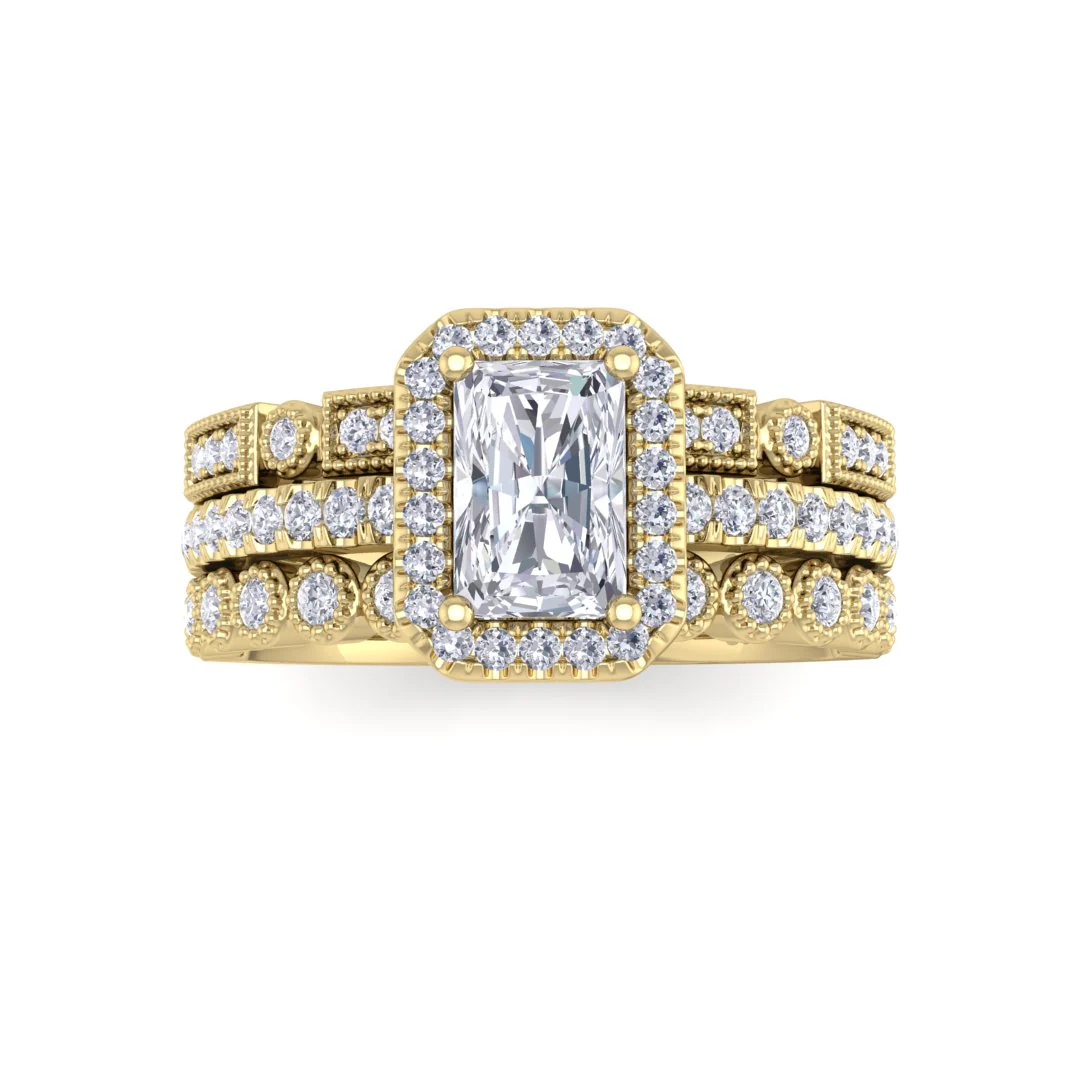 9k Yellow Gold 0.5ct Emerald Cut Lab Diamond Halo Bridal Set 1.0tdw