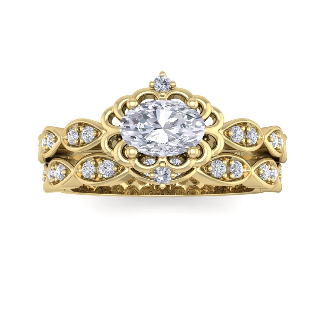 9k Yellow Gold 0.5ct Oval Lab Diamond Filigree Halo Bridal Set 0.7tdw