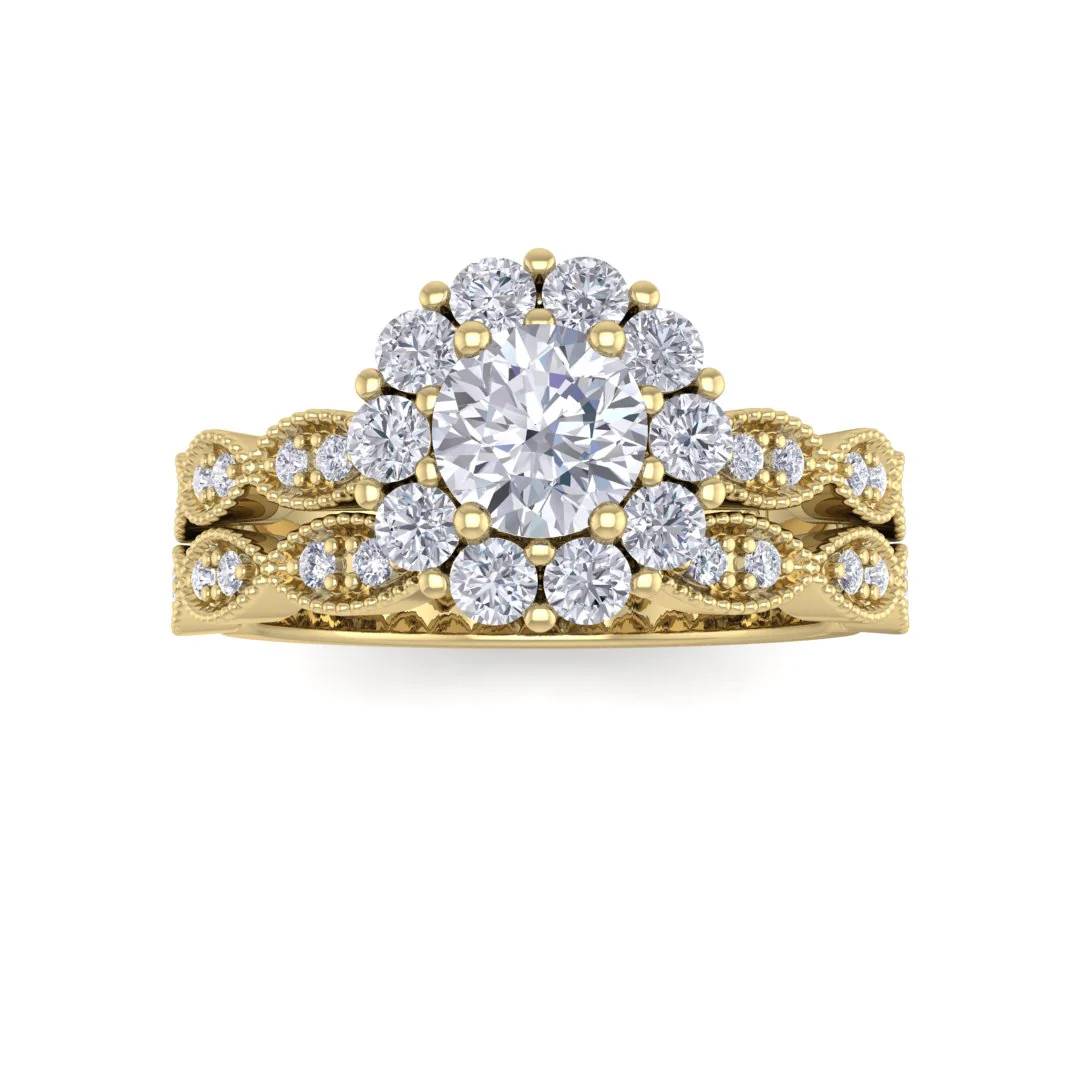 9k Yellow Gold 0.5ct Round Brilliant Lab Diamond Halo Bridal Set 1.05tdw