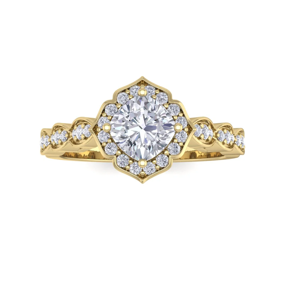 9k Yellow Gold 0.75ct Cushion Cut Lab Diamond Halo Vintage Inspired Bridal Set 1.05tdw